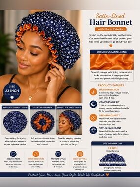 Orange Satin lined Hair Bonnet with Floral exterior
